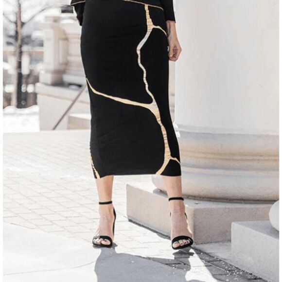 MiKAH Sachie Kintsugi Skirt in Black & Metallic Gold Stretch Midi Size Medium - Picture 1 of 8